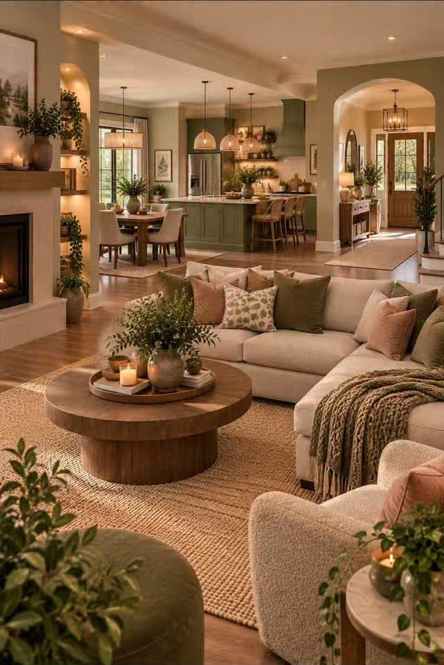 13 Open Concept Dining Room Ideas with Photos 11 Open concept living and dining area with cohesive neutral tones and warm lighting.