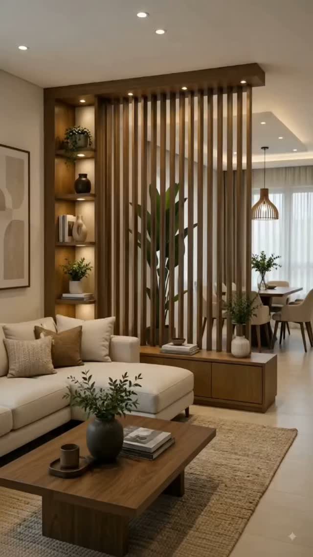 13 Open Concept Dining Room Ideas with Photos 6 Wooden slat room divider separating a white living room sofa from a dining area.