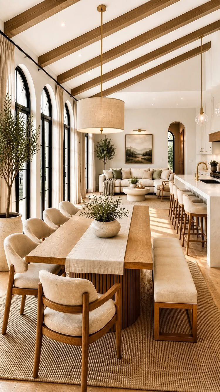 13 Open Concept Dining Room Ideas with Photos 1 Wooden dining table with cream seating in a bright open concept living space