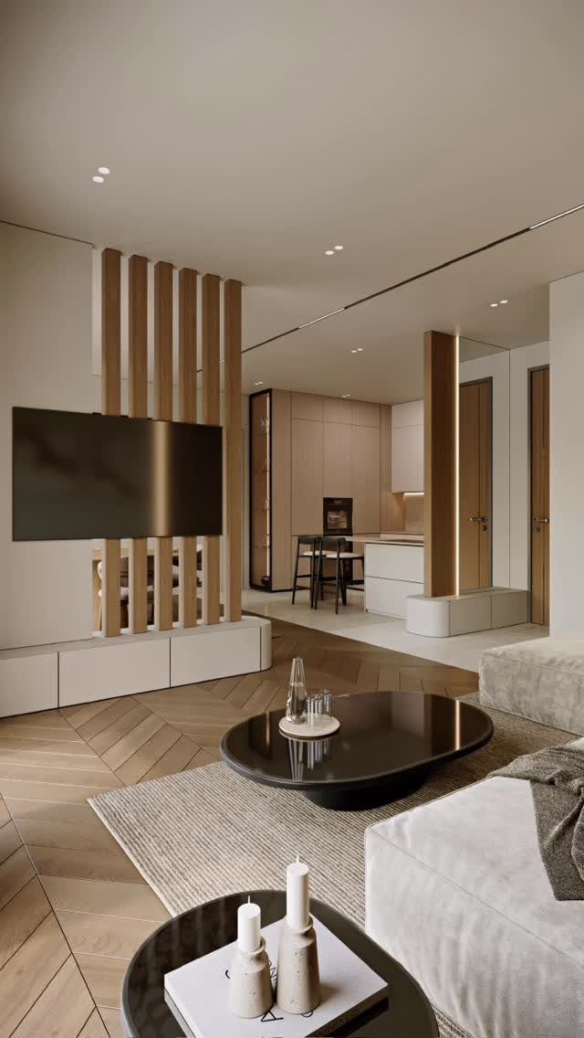 13 Open Concept Dining Room Ideas with Photos 7 Modern open-concept living room with wooden slat divider and kitchen in background
