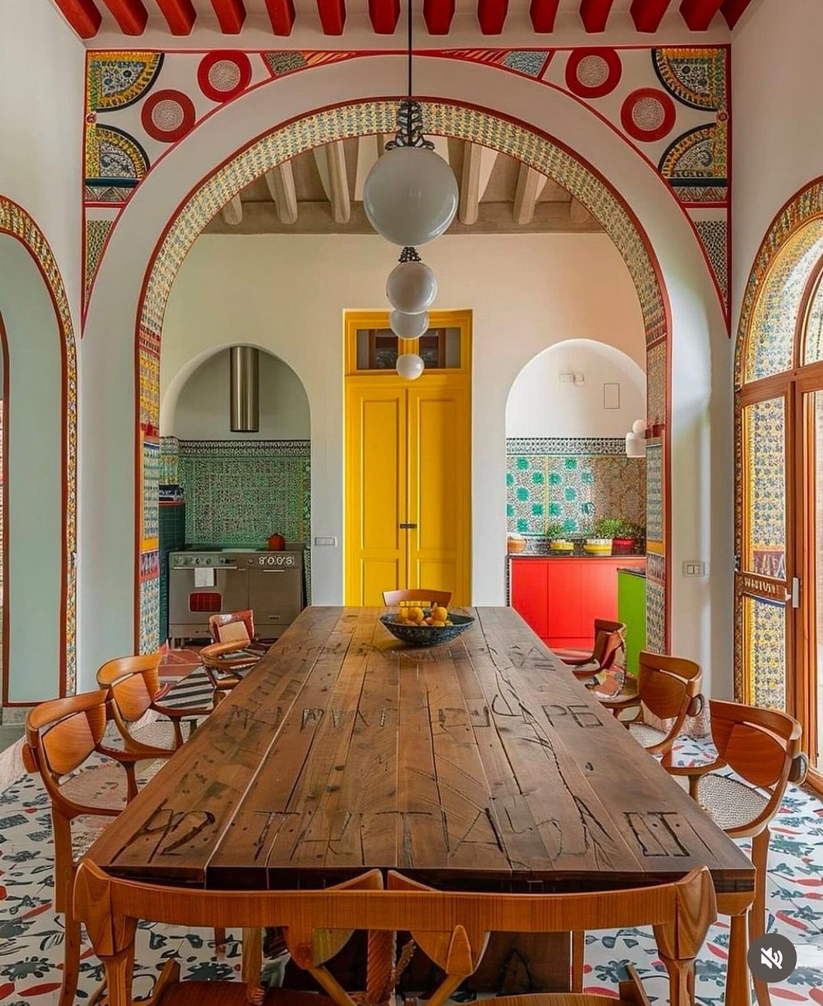 Rustic wooden dining table and chairs in a room with colorful tiled accents.