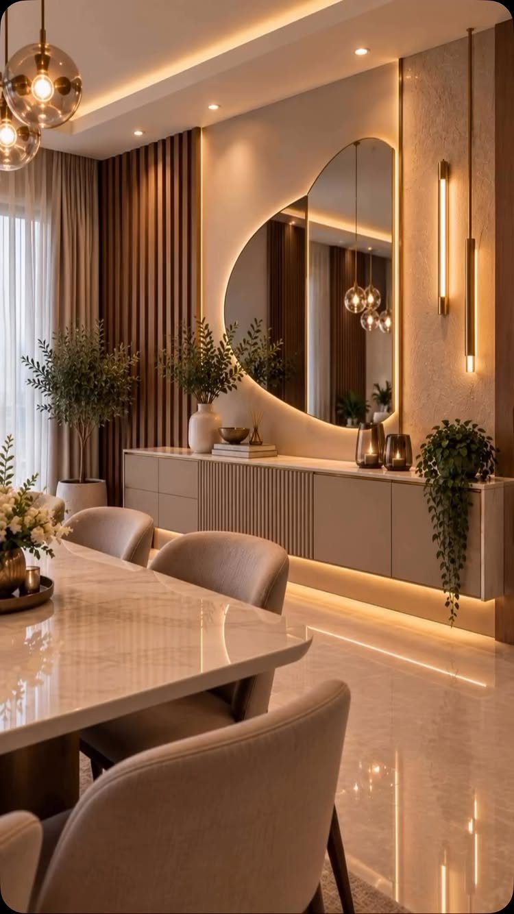 Modern dining room with marble table, beige chairs, and a large backlit mirror.