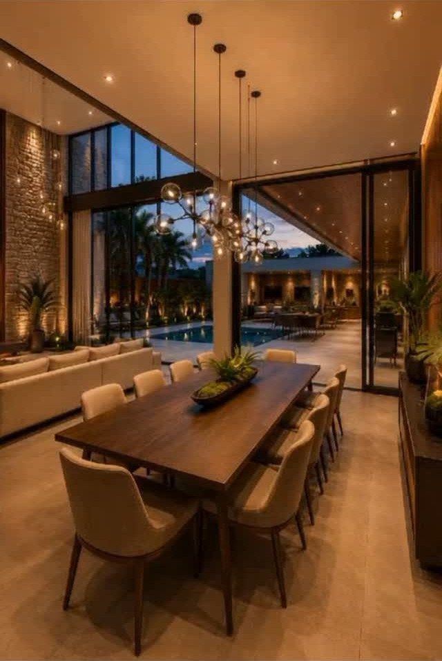 Modern open dining room with wooden table, beige chairs, and glass walls.