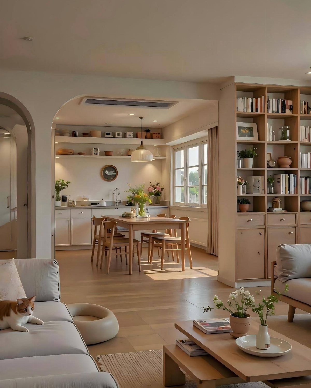 Open dining room with light wood furniture integrated into a bright kitchen area.
