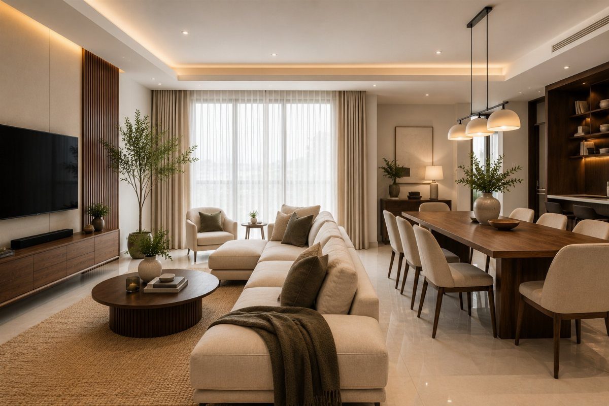 8 Ideas for an Open Living Room Dining Room Layout 3 Open concept living and dining area with a beige sectional and wooden dining table.