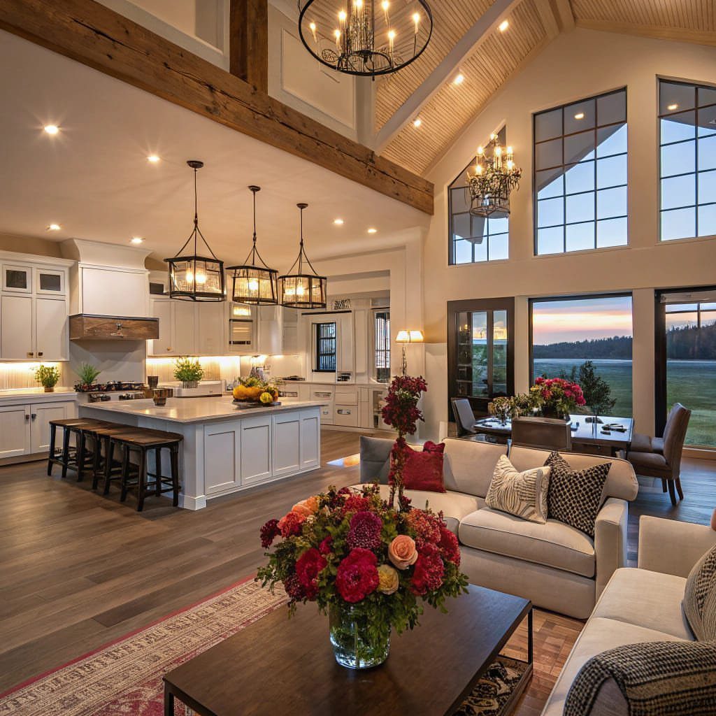 8 Ideas for an Open Living Room Dining Room Layout 4 Open concept living space with coordinating black chandeliers and pendant light fixtures.