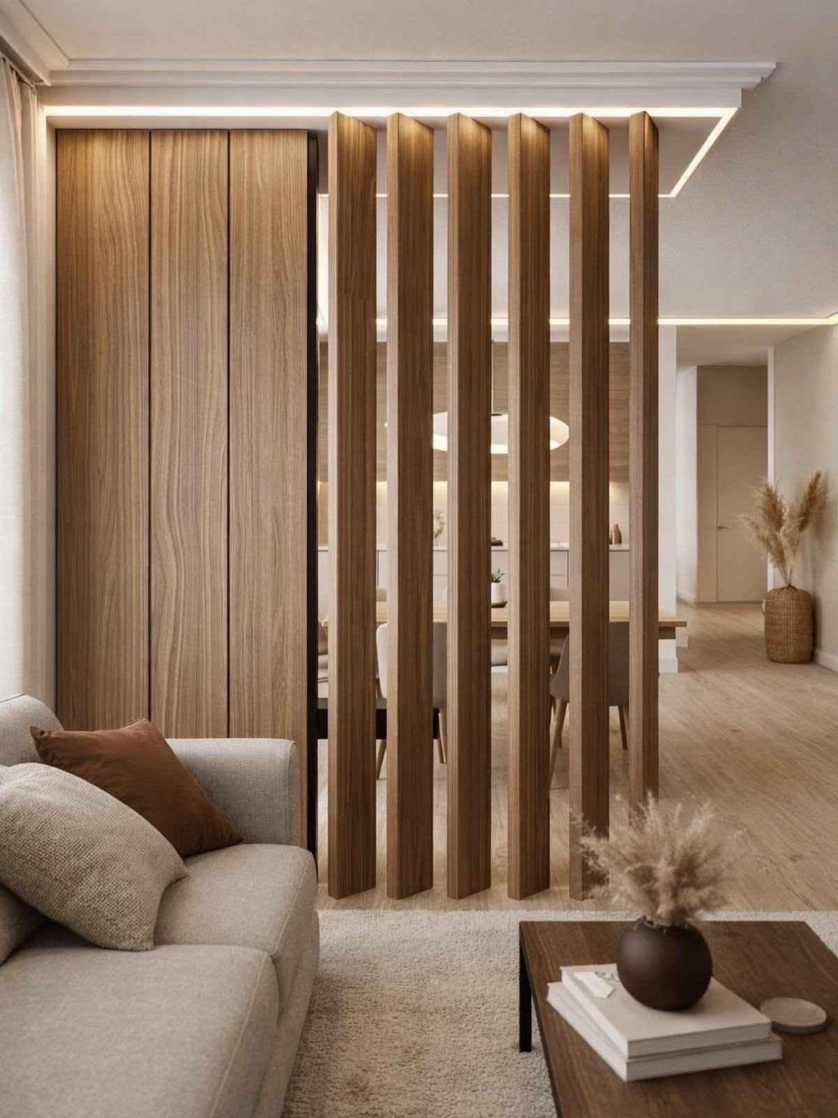 8 Ideas for an Open Living Room Dining Room Layout 7 Vertical wooden slat room divider separating a neutral living room from a dining area.
