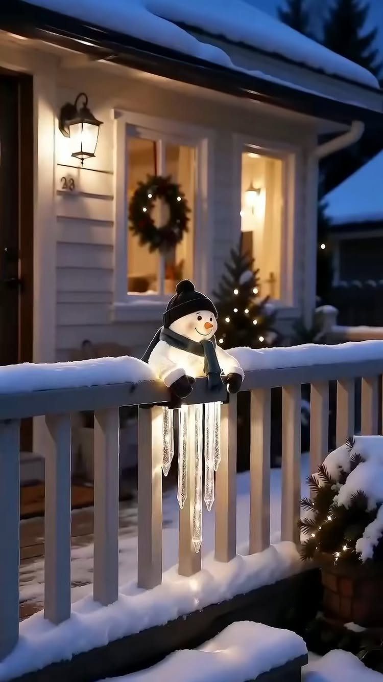 4 Outdoor Railing Christmas Decorations for Your Porch 2 Snowman figure with hanging icicle lights on a snowy white porch railing