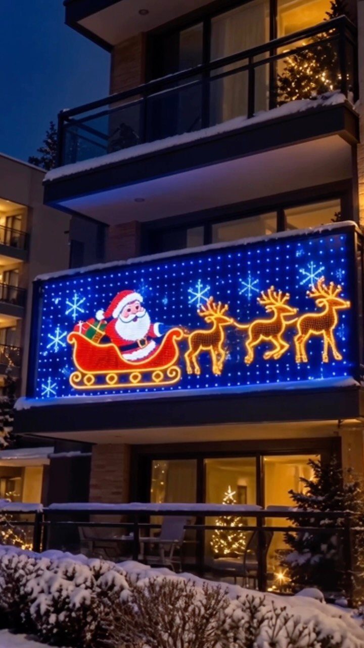 4 Outdoor Railing Christmas Decorations for Your Porch 3 Santa in a sleigh with reindeer glowing on a balcony railing at night