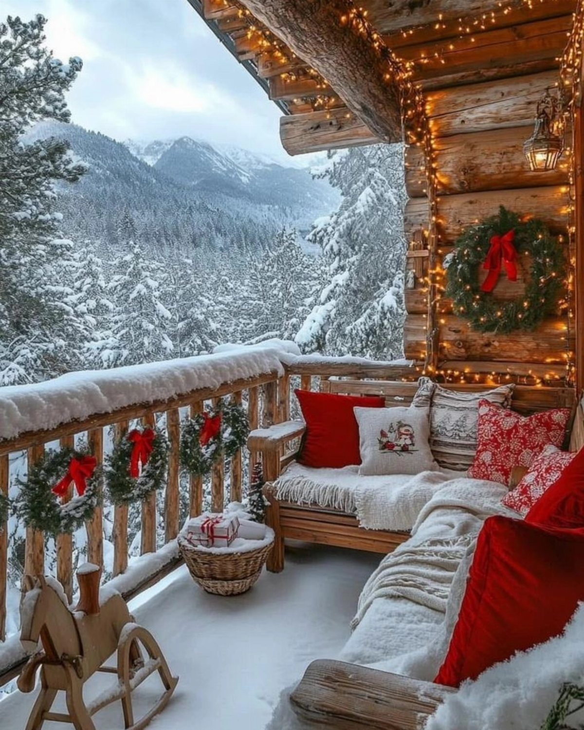 4 Outdoor Railing Christmas Decorations for Your Porch 4 Wooden balcony railing decorated with Christmas wreaths and red bows overlooking snowy mountains.