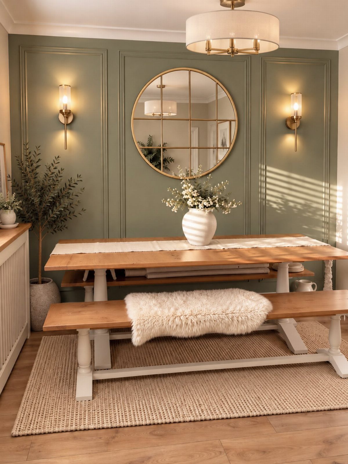 5 Painted Dining Room Table Ideas with Photos 3 Wooden dining table with white painted legs and matching benches in a green room.