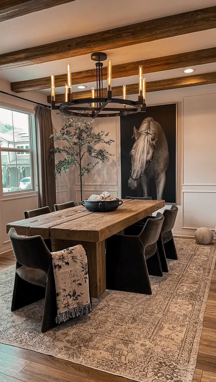11 Rustic Modern Dining Room Ideas with Real Character 7 Wooden dining table with black chairs under exposed beams and a horse portrait.