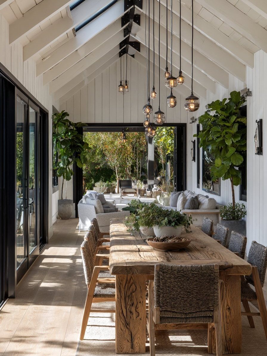 11 Rustic Modern Dining Room Ideas with Real Character 5 Rustic wooden dining table with woven chairs under a white vaulted ceiling.