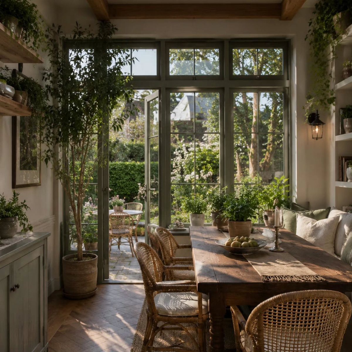 11 Rustic Modern Dining Room Ideas with Real Character 2 Rustic dining room with wooden table, rattan chairs, and various indoor potted plants.