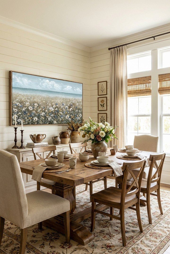 11 Rustic Modern Dining Room Ideas with Real Character 10 Wooden dining table and chairs in a bright room with shiplap walls.