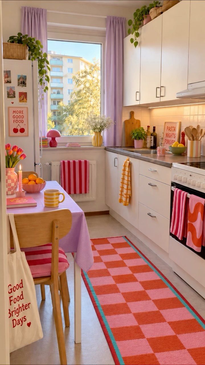 15 Small Breakfast Room Ideas for Cozy Spaces 8 Small white kitchen with purple curtains, a purple tablecloth, and a red checkered runner.