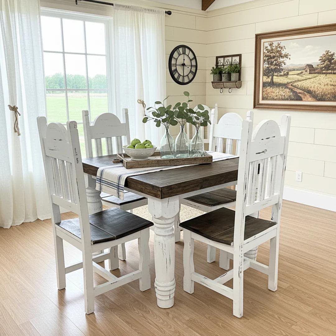 15 Small Breakfast Room Ideas for Cozy Spaces 9 Dark wood table and white chairs in a bright, rustic breakfast room.