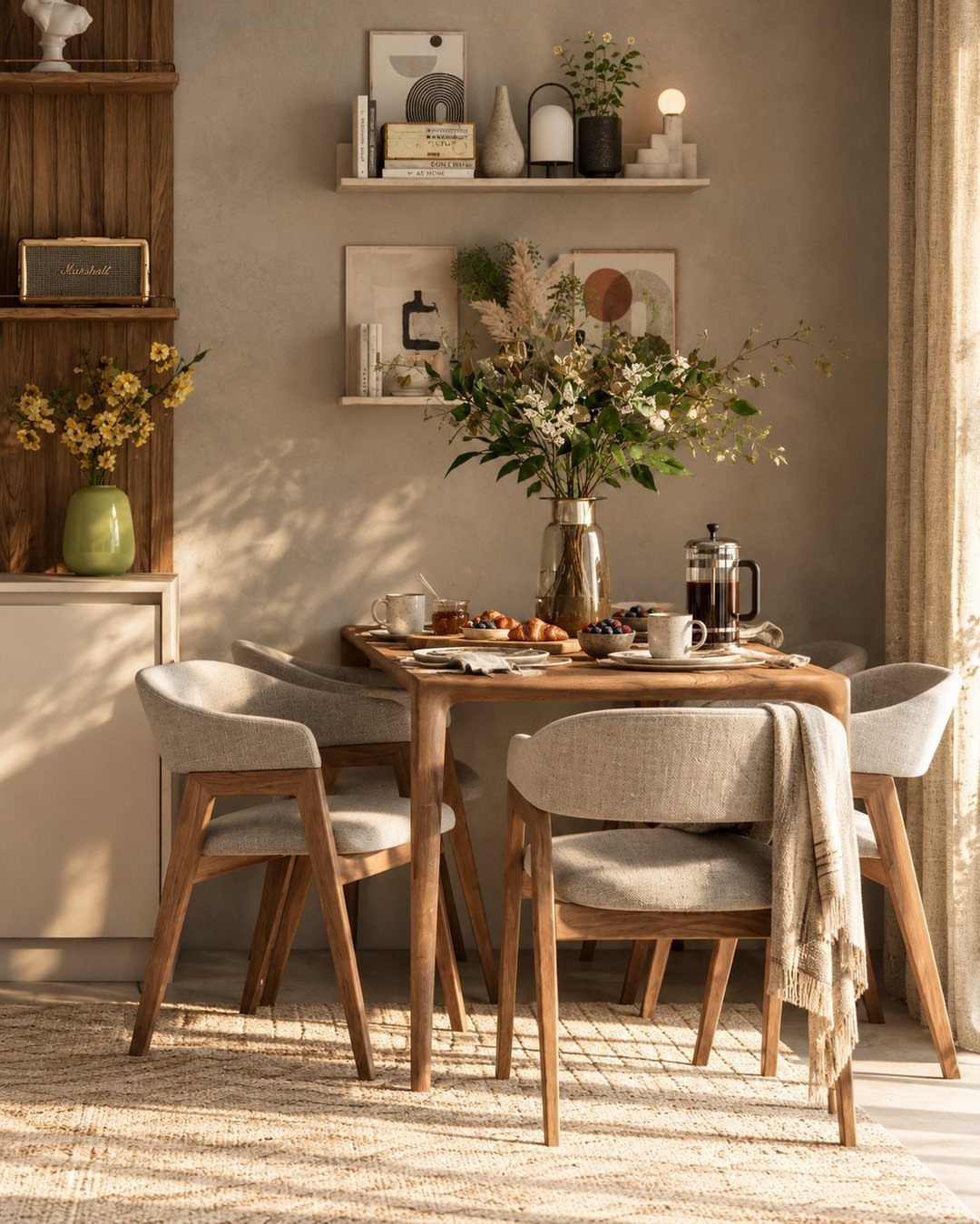 15 Small Breakfast Room Ideas for Cozy Spaces 4 Wooden dining table with grey chairs bathed in bright, natural sunlight in a nook.