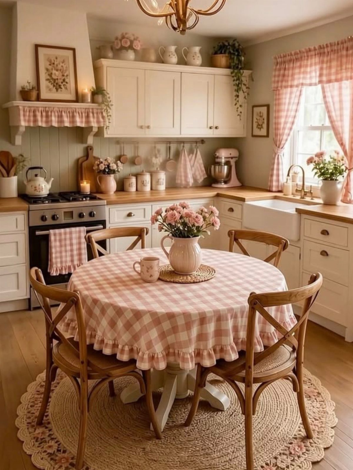 15 Small Breakfast Room Ideas for Cozy Spaces 12 Round table with pink gingham cloth and wooden chairs in a rustic kitchen