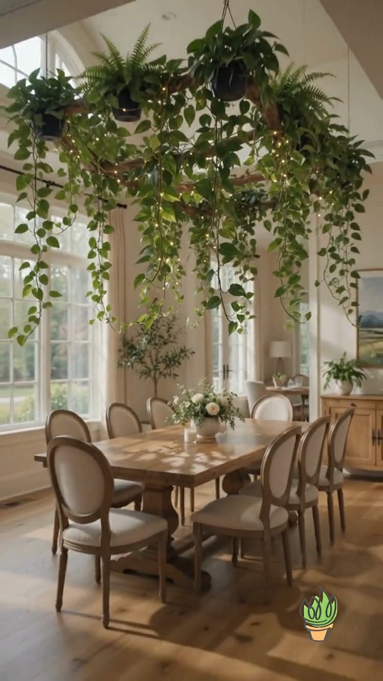 12 Small Dining Area Design Ideas That Maximize Space 8 Wooden dining table and chairs positioned near large windows under a hanging plant installation.