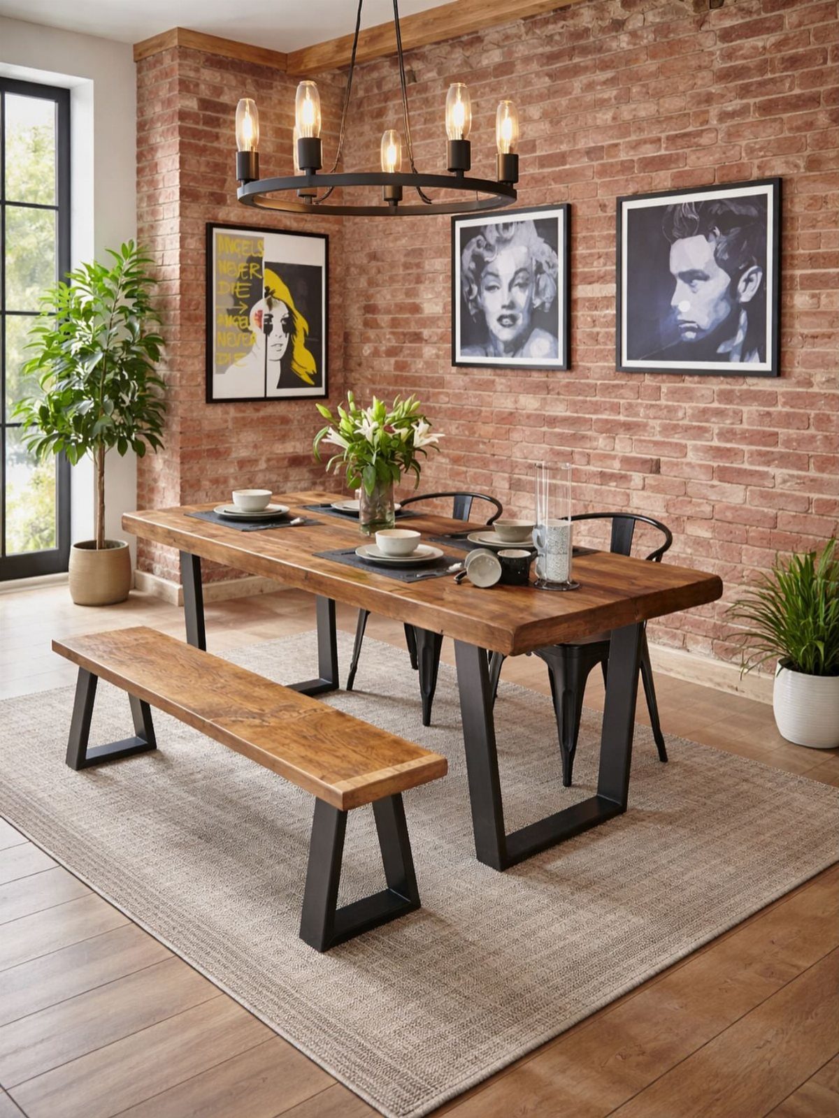 12 Small Dining Area Design Ideas That Maximize Space 5 Wooden dining table and bench set against a red brick wall with industrial lighting.