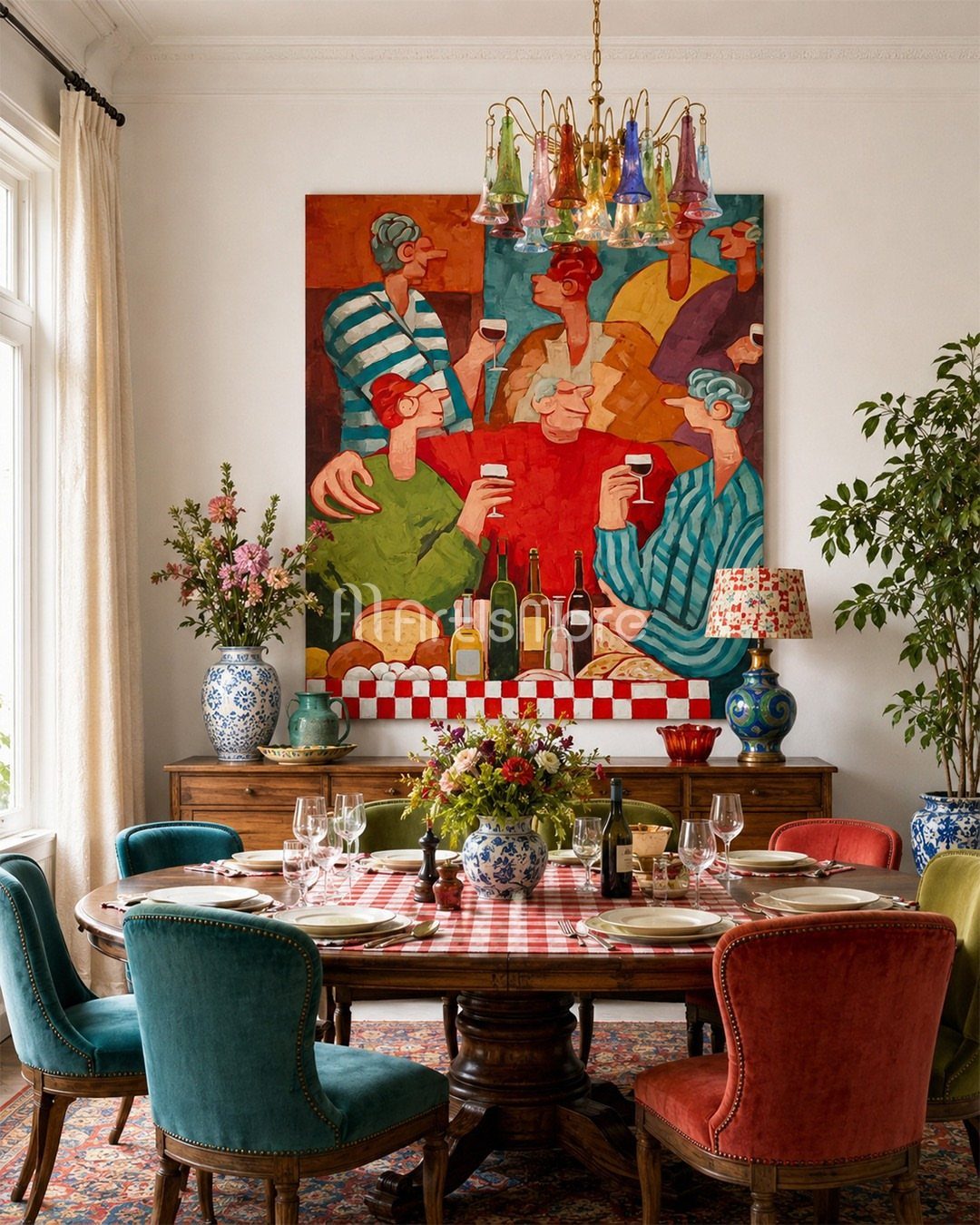 12 Small Dining Area Design Ideas That Maximize Space 4 Large colorful painting of diners on a white wall above a round dining table.