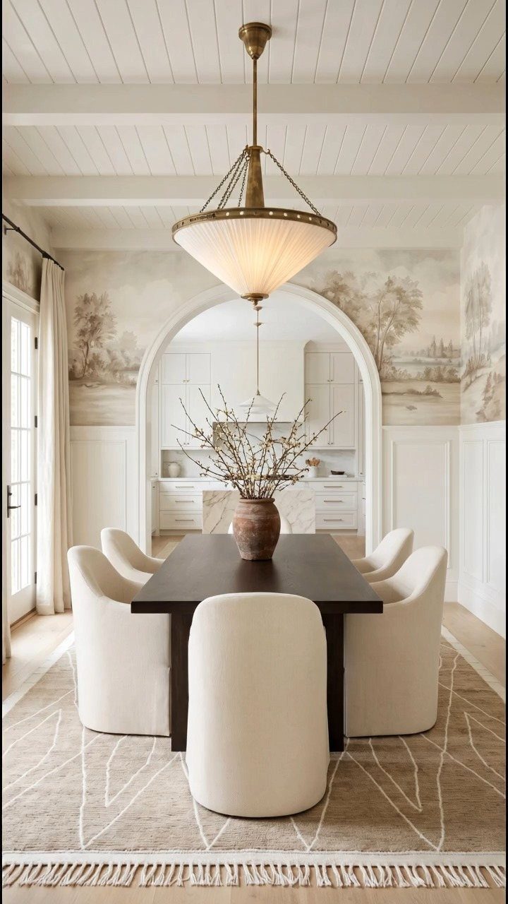 Dining room with dark wood table, white chairs, and a light patterned rug.