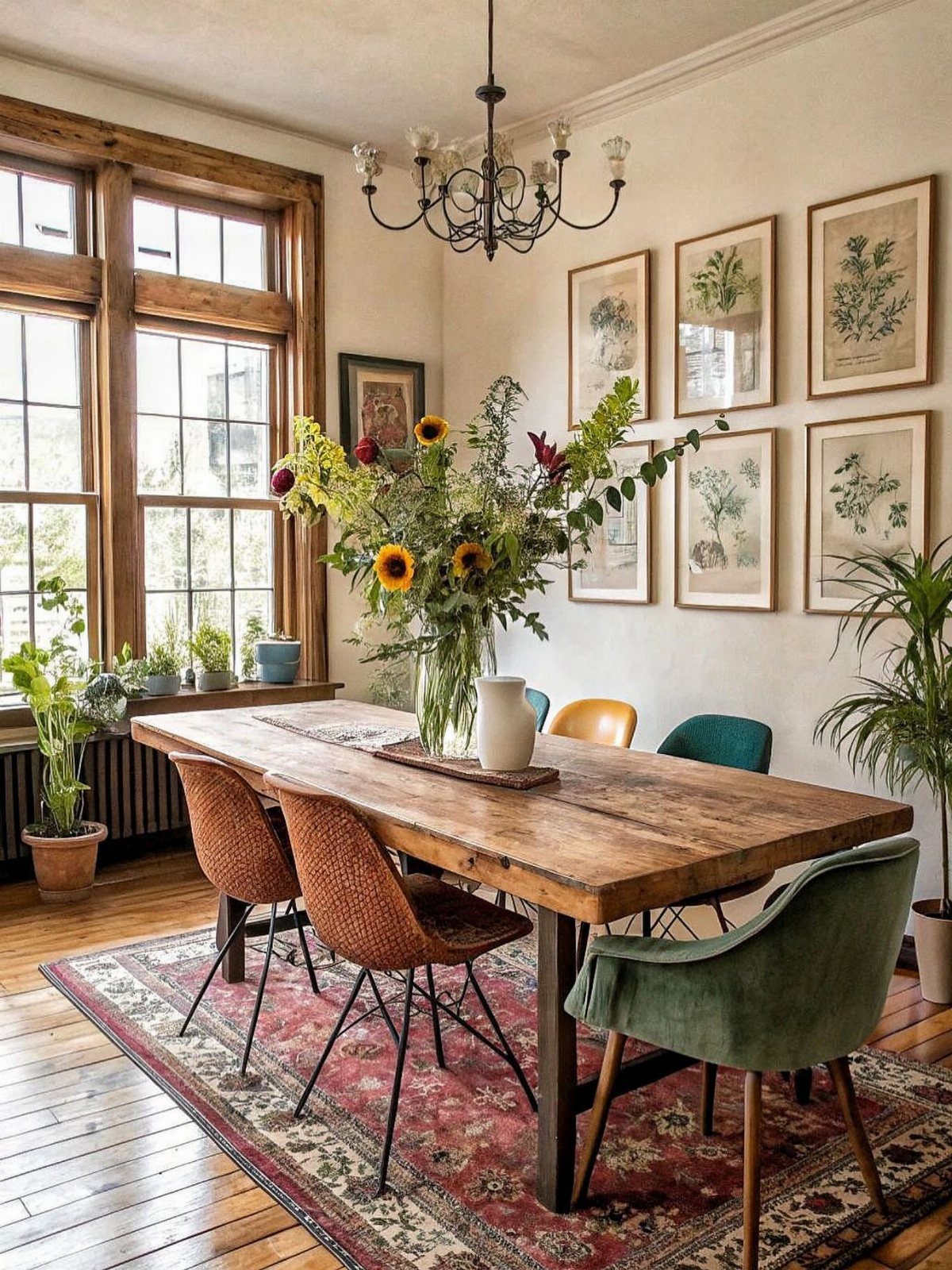 Red patterned vintage rug under a rustic wooden dining table with colorful chairs.
