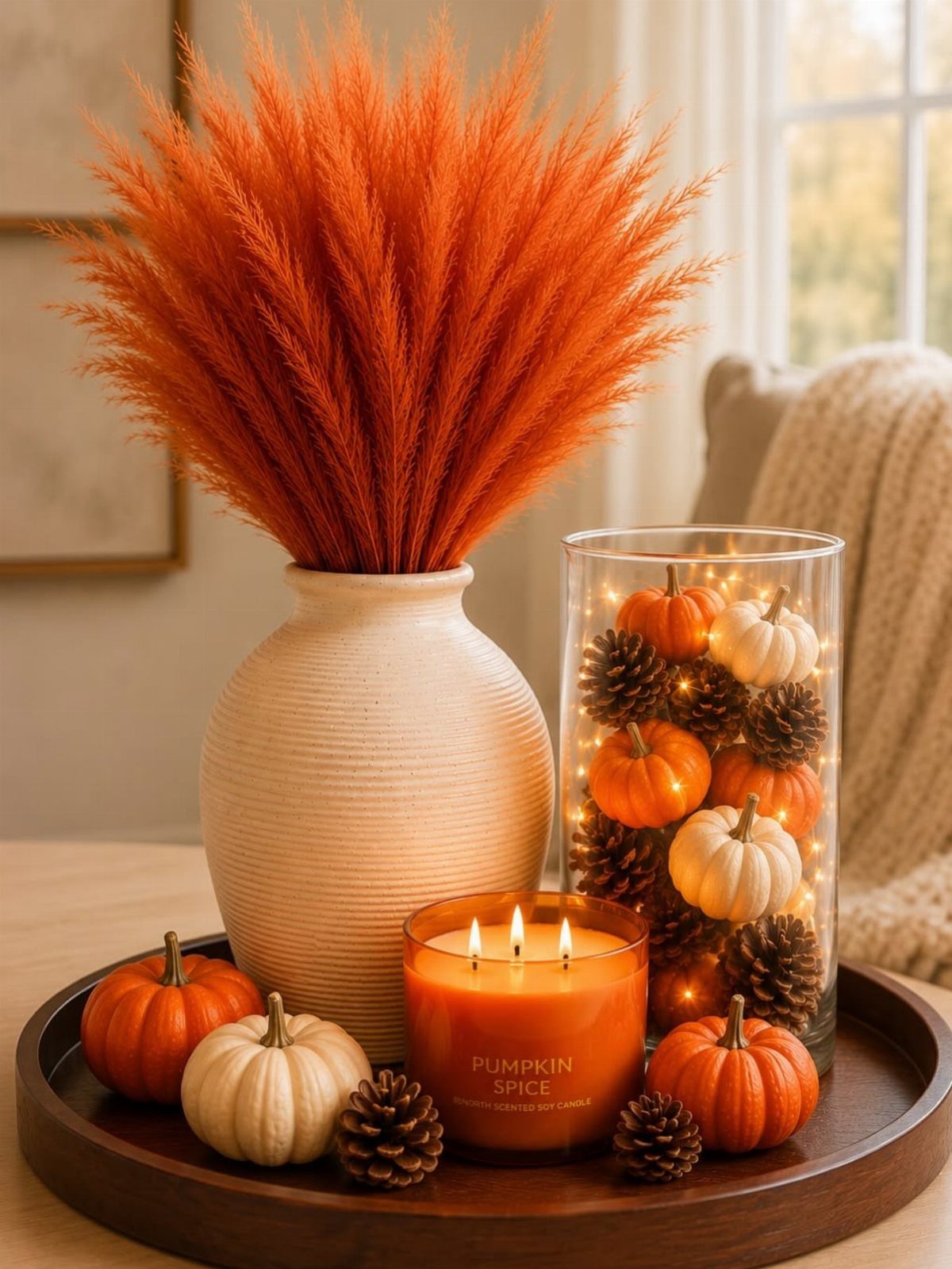 8 Small Dining Table Decor Ideas for Every Style 3 Miniature pumpkins and orange pampas grass arranged on a wooden tray with a candle.