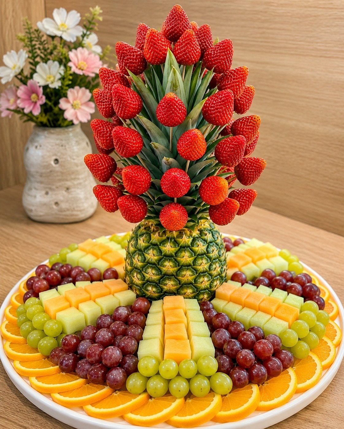 8 Small Dining Table Decor Ideas for Every Style 1 Fruit platter with strawberry-covered pineapple, grapes, melon, and orange slices on a table