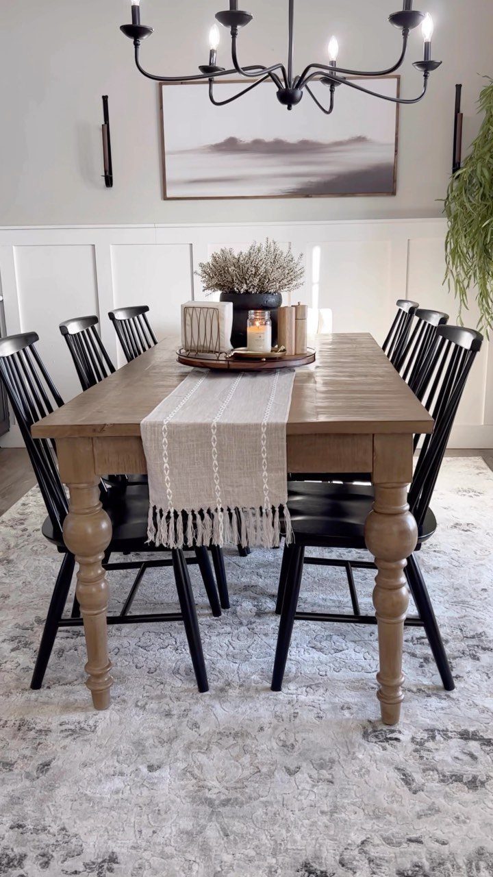 8 Small Dining Table Decor Ideas for Every Style 6 Wooden dining table with a linen runner and decorative tray centerpiece.
