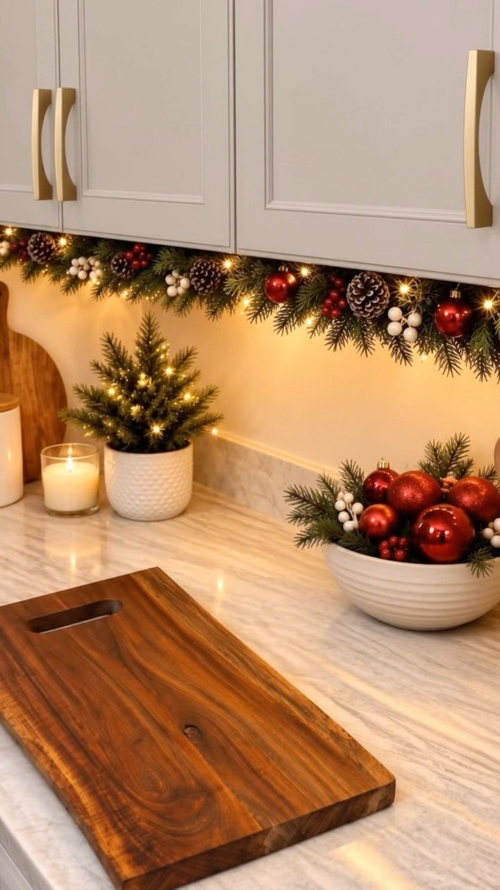 Evergreen garland with red ornaments and lights under white kitchen cabinets on marble counter