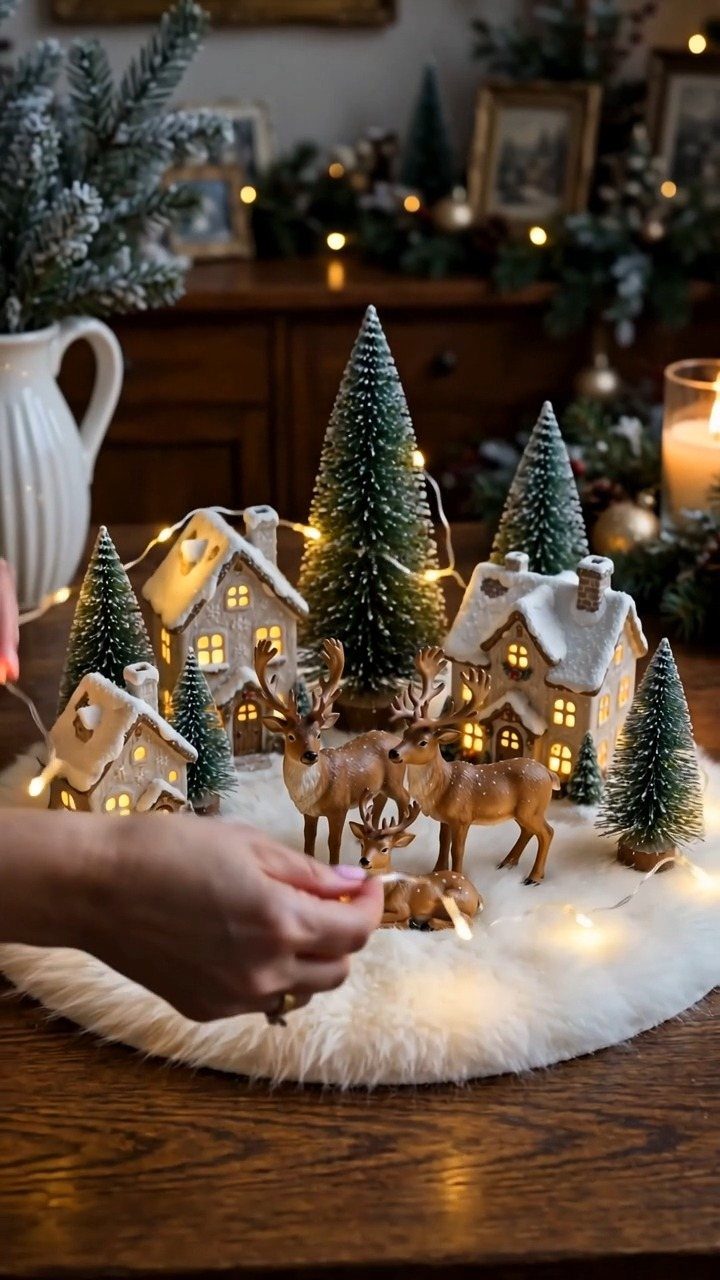 Miniature winter village with snow-covered houses and reindeer on a white faux-fur rug.