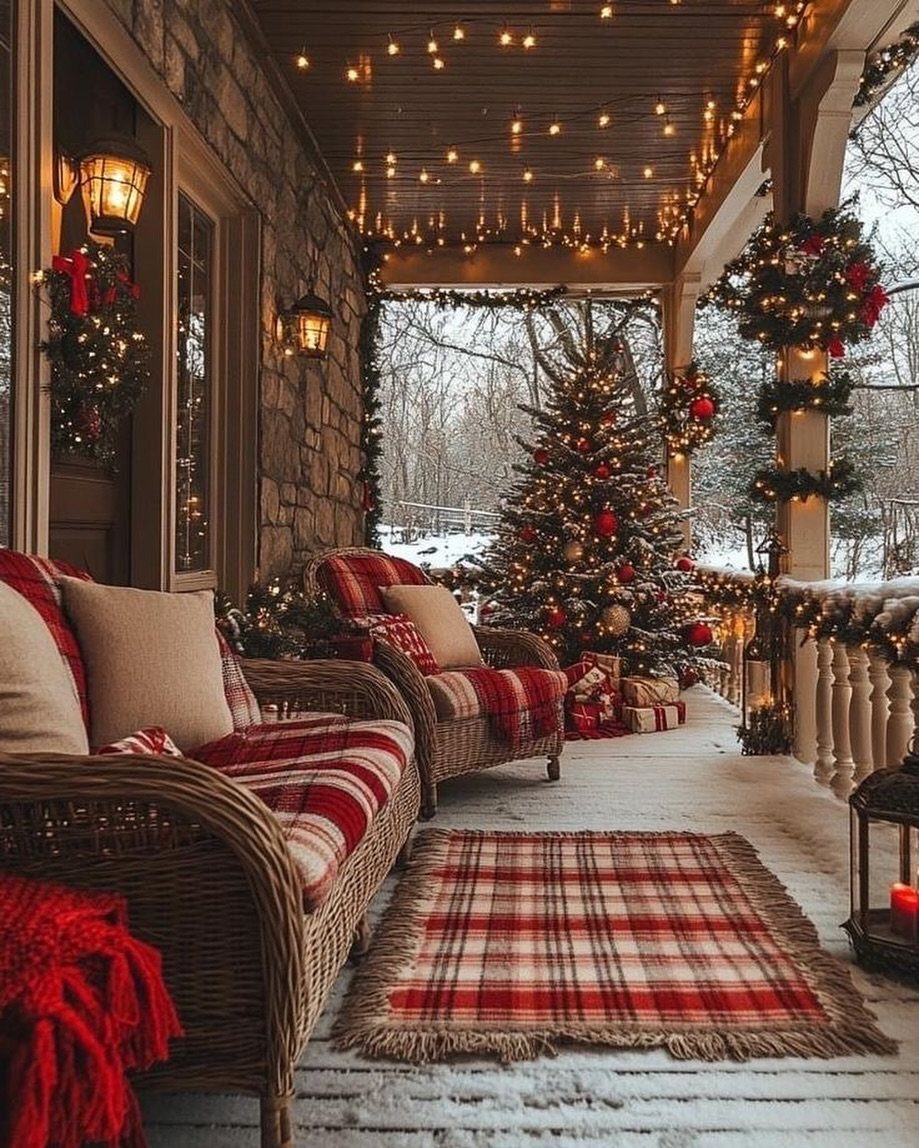 Cozy snow-covered porch with warm ceiling string lights, Christmas tree, and plaid blankets.