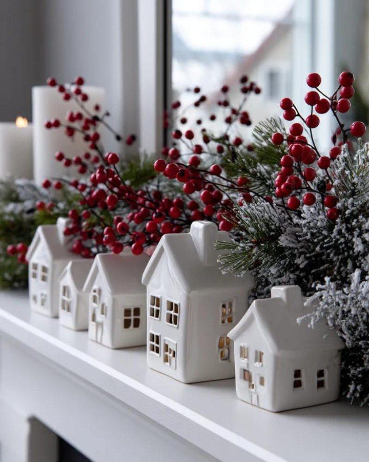 White ceramic houses and red berries on a snowy windowsill with white candles.
