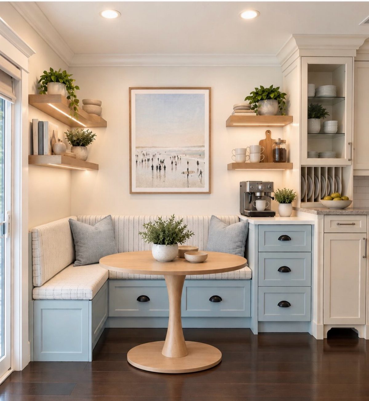 15 Small Living and Dining Room Ideas That Maximize Space 7 L-shaped built-in banquette seating with a round wooden table in a bright nook.