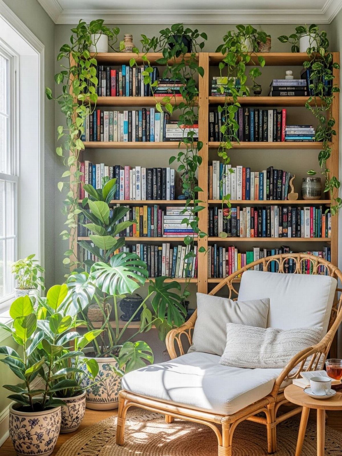 15 Small Living and Dining Room Ideas That Maximize Space 5 Rattan lounge chair and wooden bookshelves with trailing plants in a sunny room.