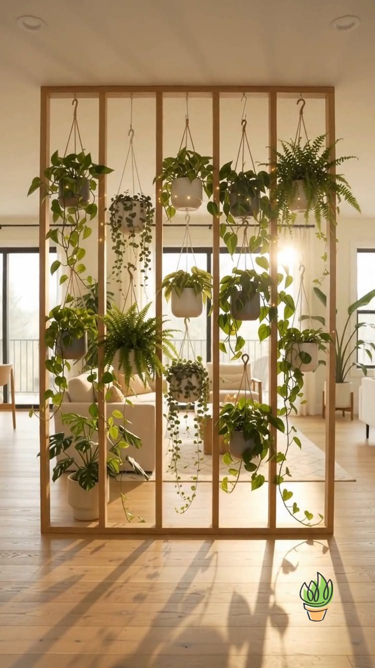 15 Small Living and Dining Room Ideas That Maximize Space 13 Wooden room divider with many hanging green plants separating a bright living area.