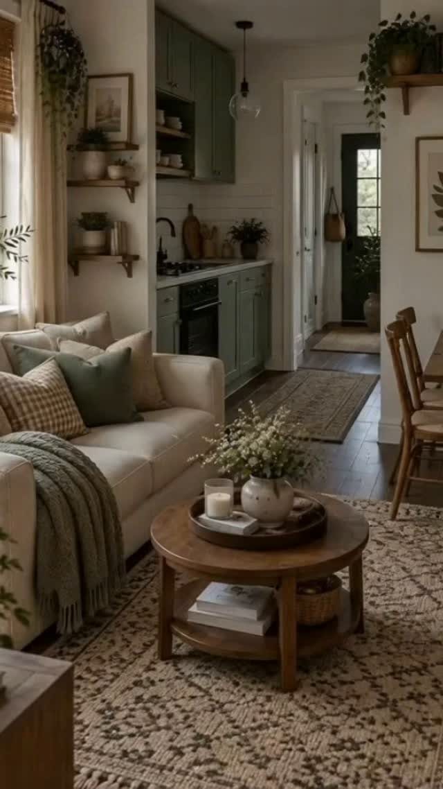 15 Small Living and Dining Room Ideas That Maximize Space 1 Cream sofa and round wooden coffee table on a patterned rug in open-concept room