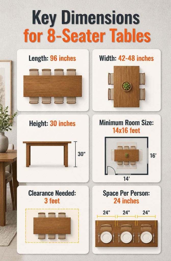 5 Solid Wood 8 Seater Dining Table Choices to Consider 1 Diagram illustrating dimensions of an 8-seater dining table.