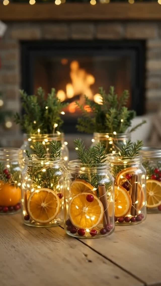 12 Studio Apartment Christmas Decor Ideas That Save Space 10 Glass jars with dried oranges and fairy lights in front of a fireplace