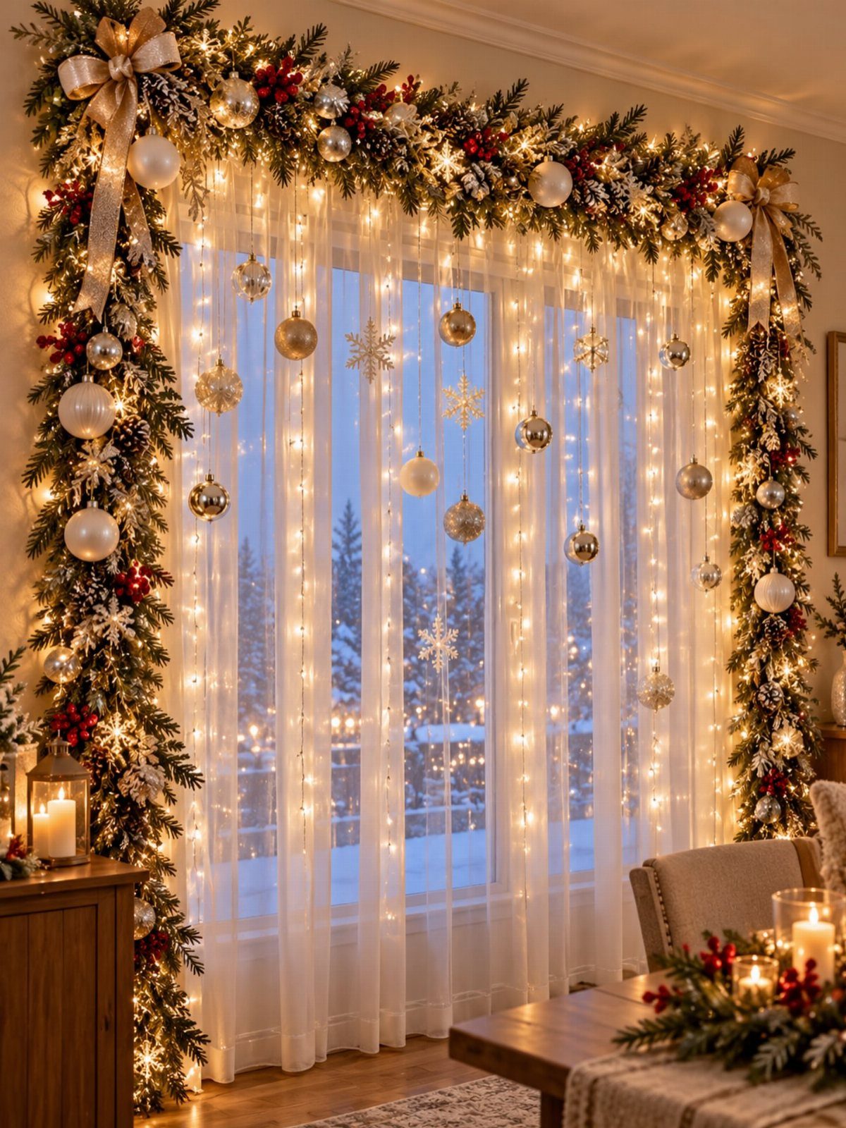 12 Studio Apartment Christmas Decor Ideas That Save Space 2 Window decorated with evergreen garlands, hanging ornaments, and vertical strings of warm fairy lights.