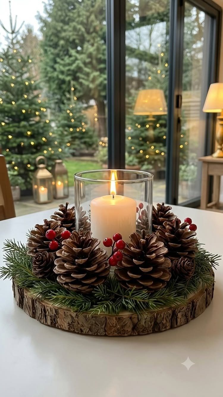 7 Table Centerpiece Ideas for Christmas That Feel Fresh 3 Christmas centerpiece with a lit candle, pinecones, and berries on a wooden slab.