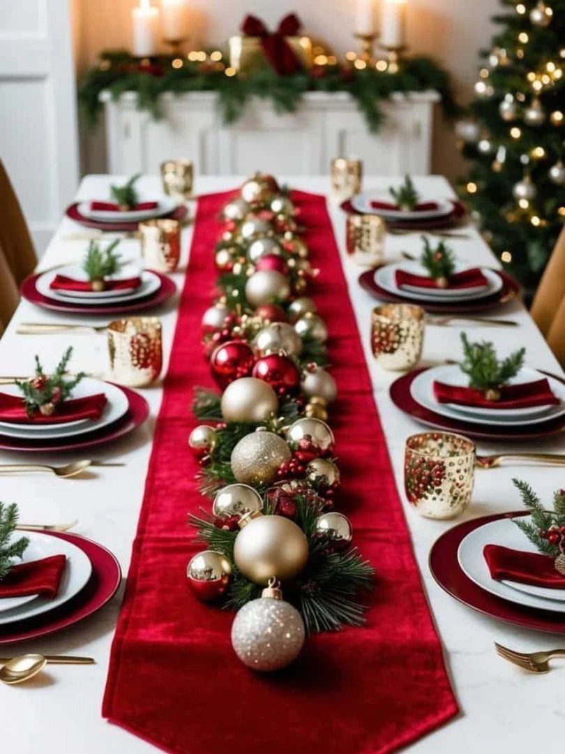 7 Table Centerpiece Ideas for Christmas That Feel Fresh 6 Christmas table setting with red velvet runner and gold and red ornament centerpiece.