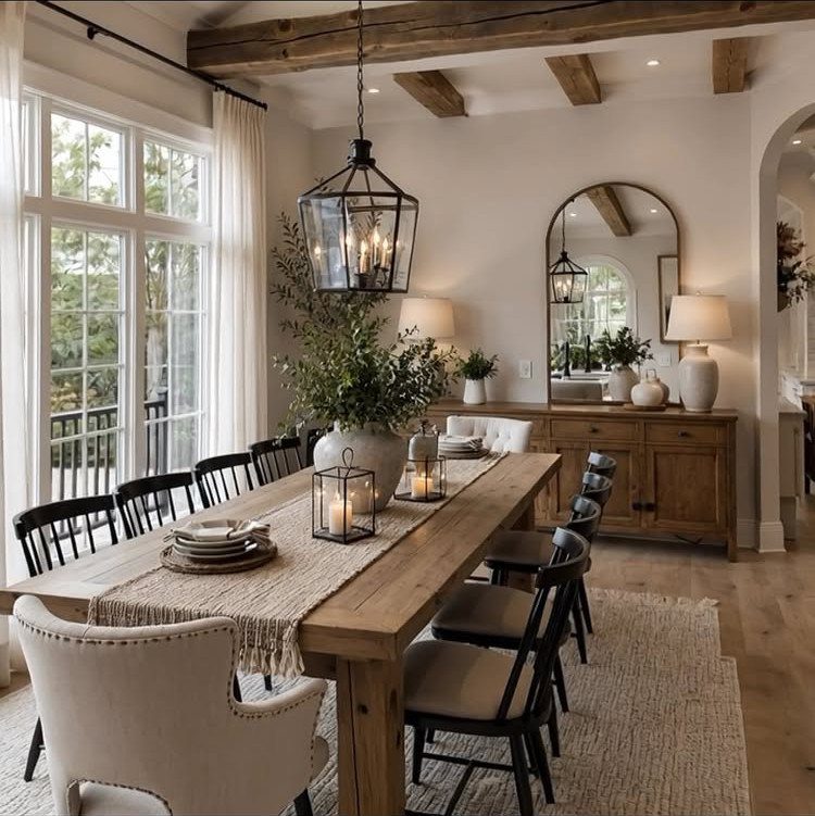 Traditional Modern Dining Room Ideas: 20 Ways to Blend Styles 3 Wooden dining table and sideboard with black chairs under rustic ceiling beams.