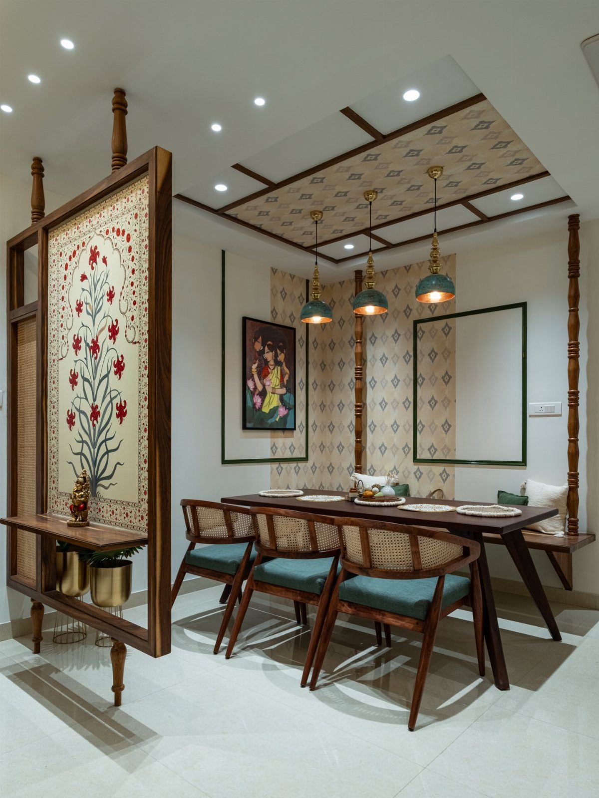 Traditional Modern Dining Room Ideas: 20 Ways to Blend Styles 11 Dining room with cane chairs, a dark wood table, and geometric patterned ceiling.