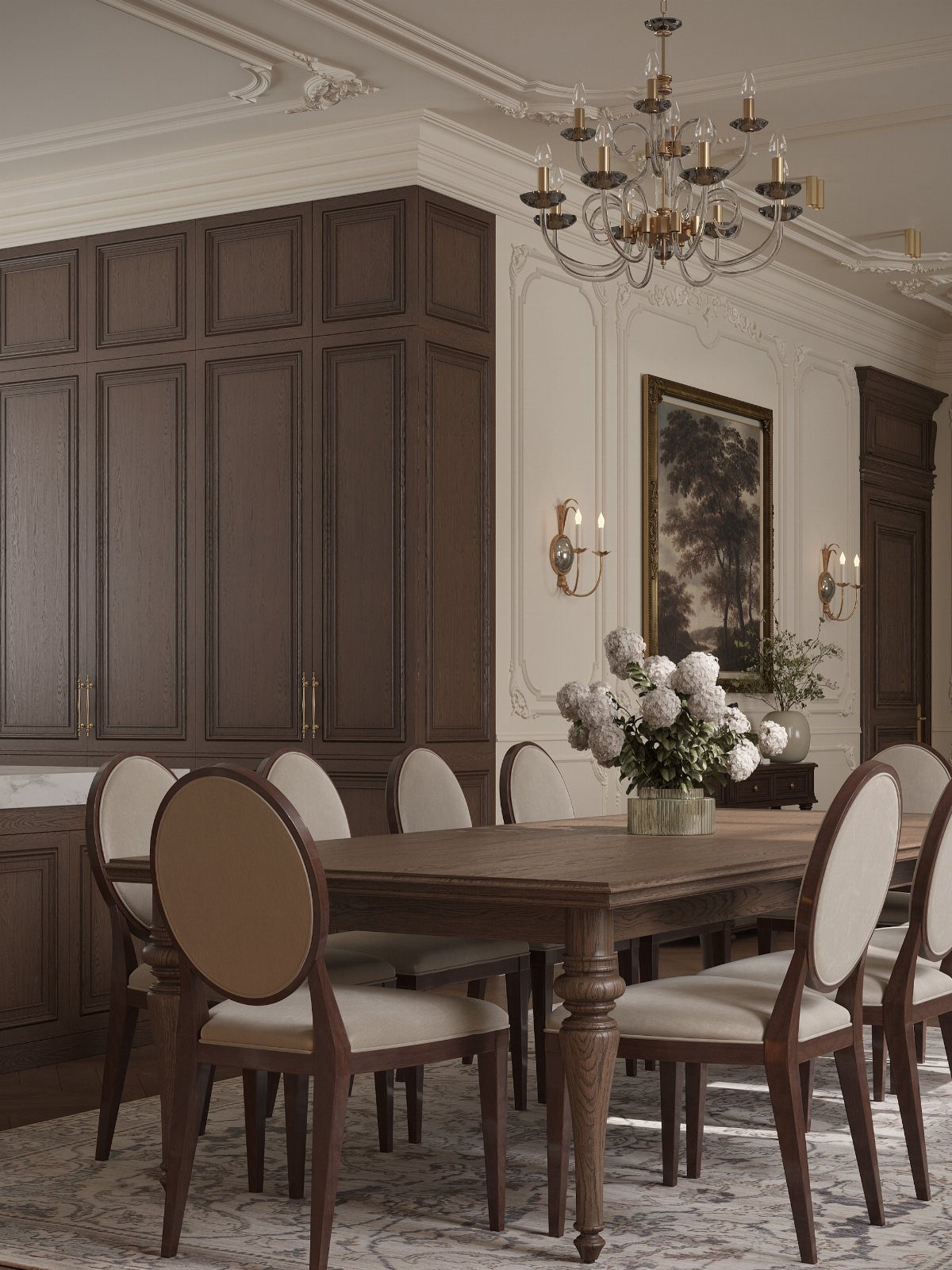 Traditional Modern Dining Room Ideas: 20 Ways to Blend Styles 5 Dining room with white walls featuring picture frame molding and a wooden table.