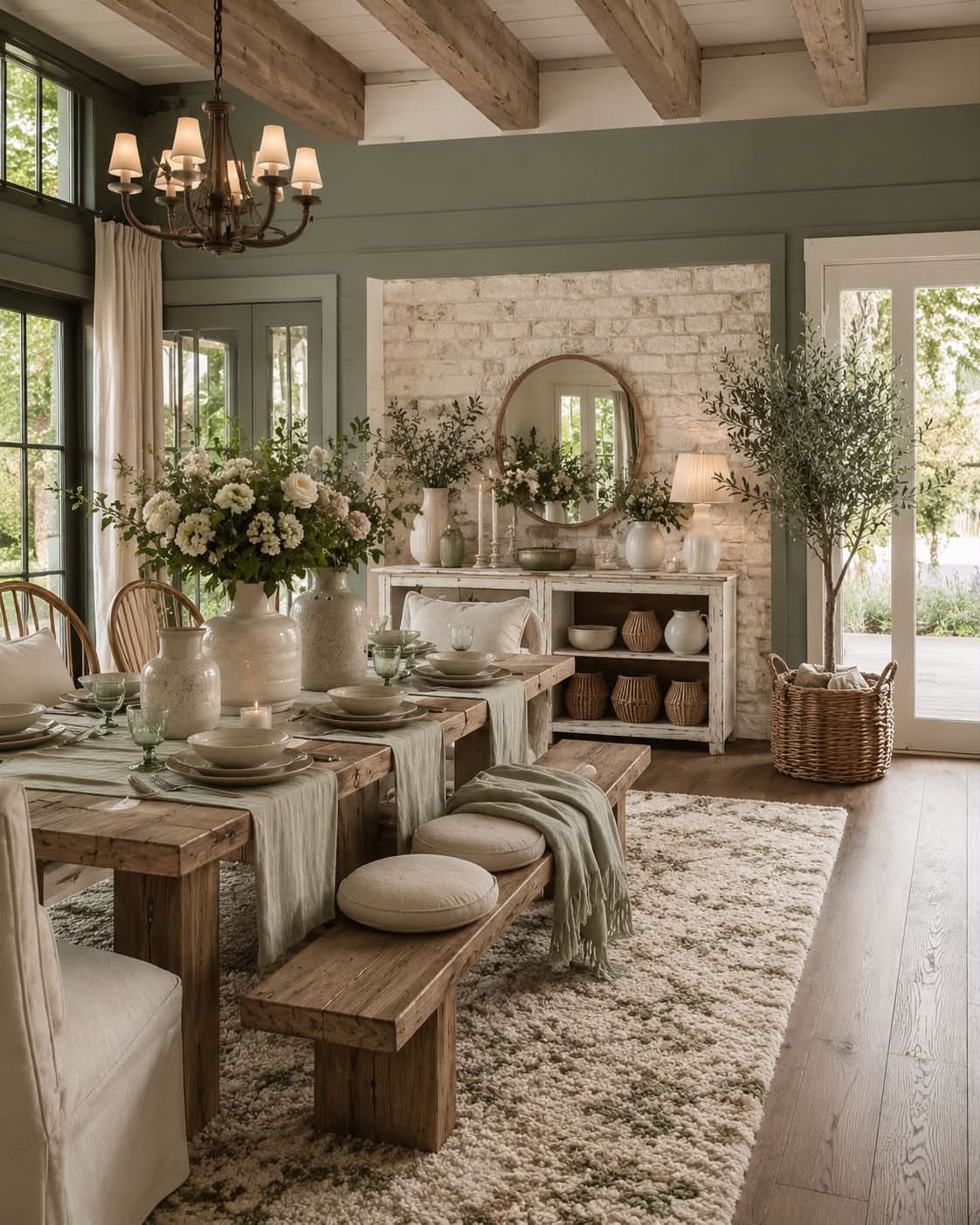 Traditional Modern Dining Room Ideas: 20 Ways to Blend Styles 8 Rustic dining room featuring a wooden table and various potted plants and flowers.
