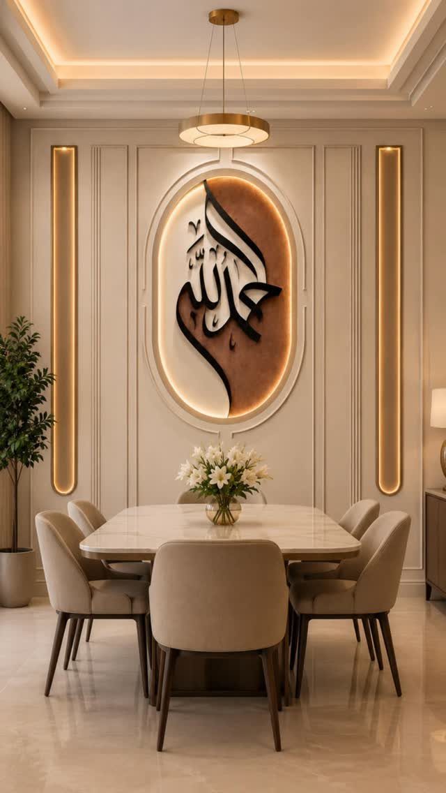 Traditional Modern Dining Room Ideas: 20 Ways to Blend Styles 13 Modern dining room featuring a large oval Arabic calligraphy wall art piece and marble table.