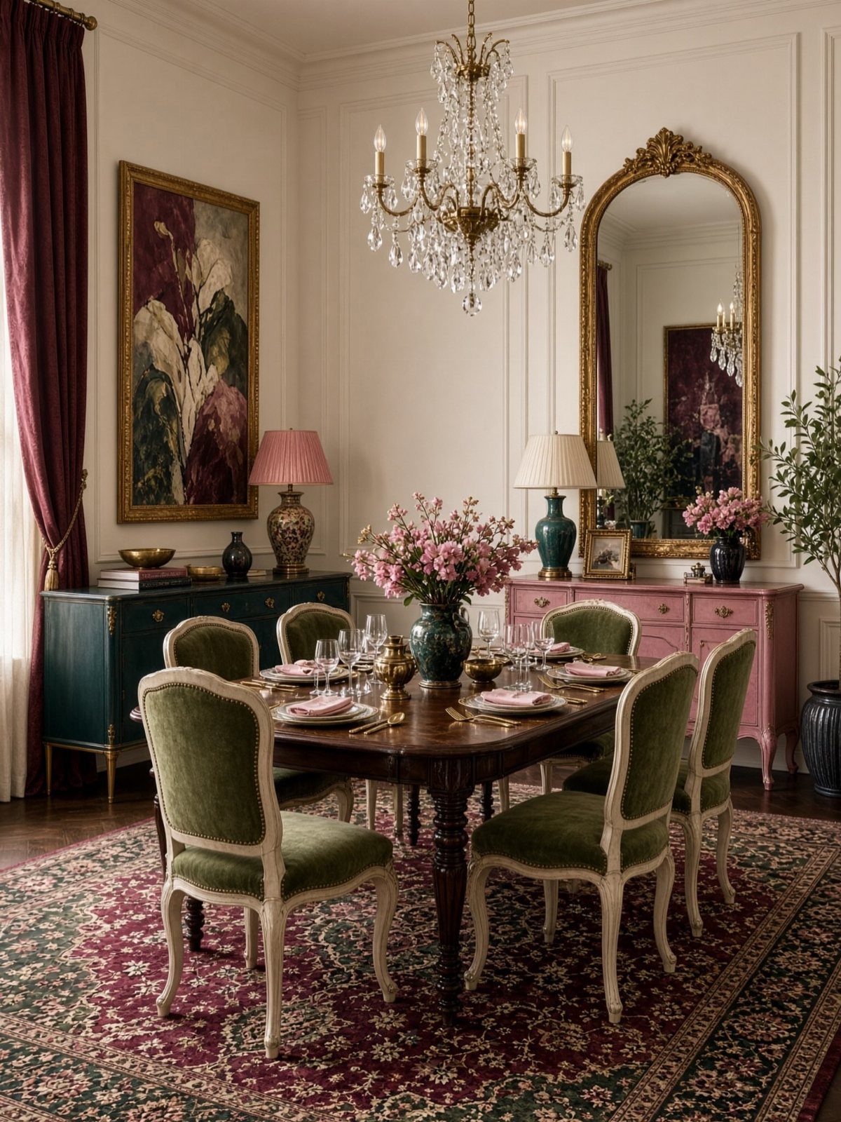 Traditional Modern Dining Room Ideas: 20 Ways to Blend Styles 7 Traditional dining room with green chairs, dark wood table, and crystal chandelier.